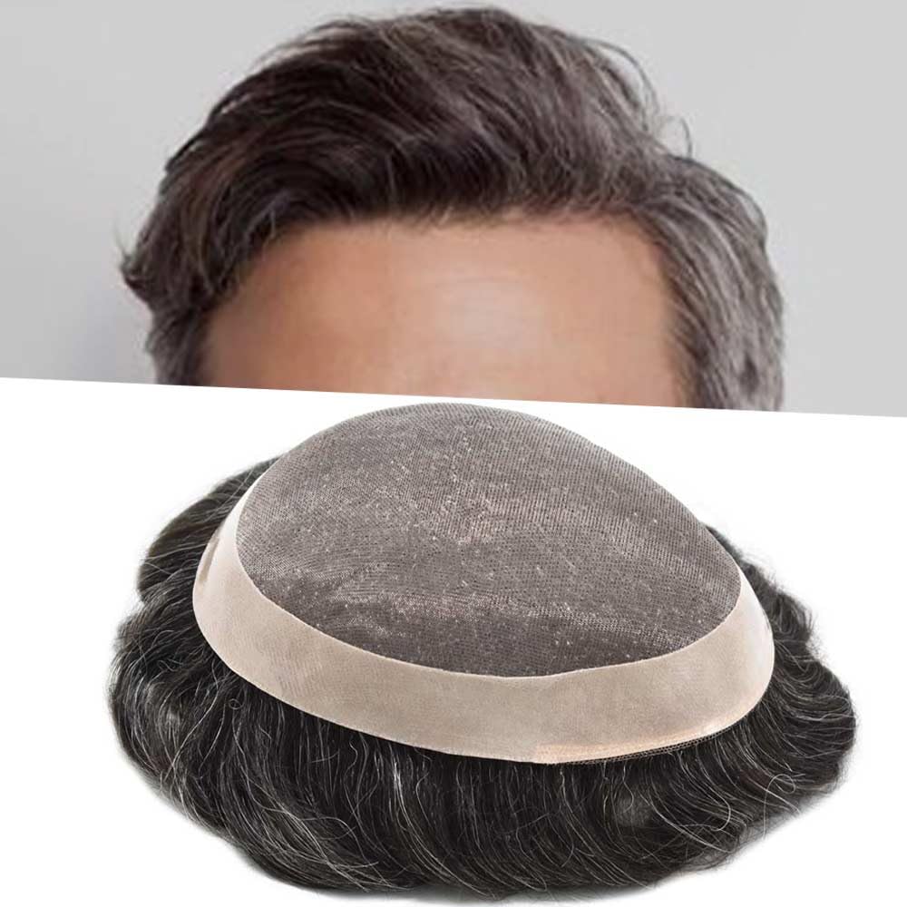 Curve Hair Mens Toupee Human Hair Piece Replacement System Monofilament Wig Hair Unit for Men Durable Poly Coated Mens Hairpiece (#1B30 Off Black+30% Gray, 7"X10")