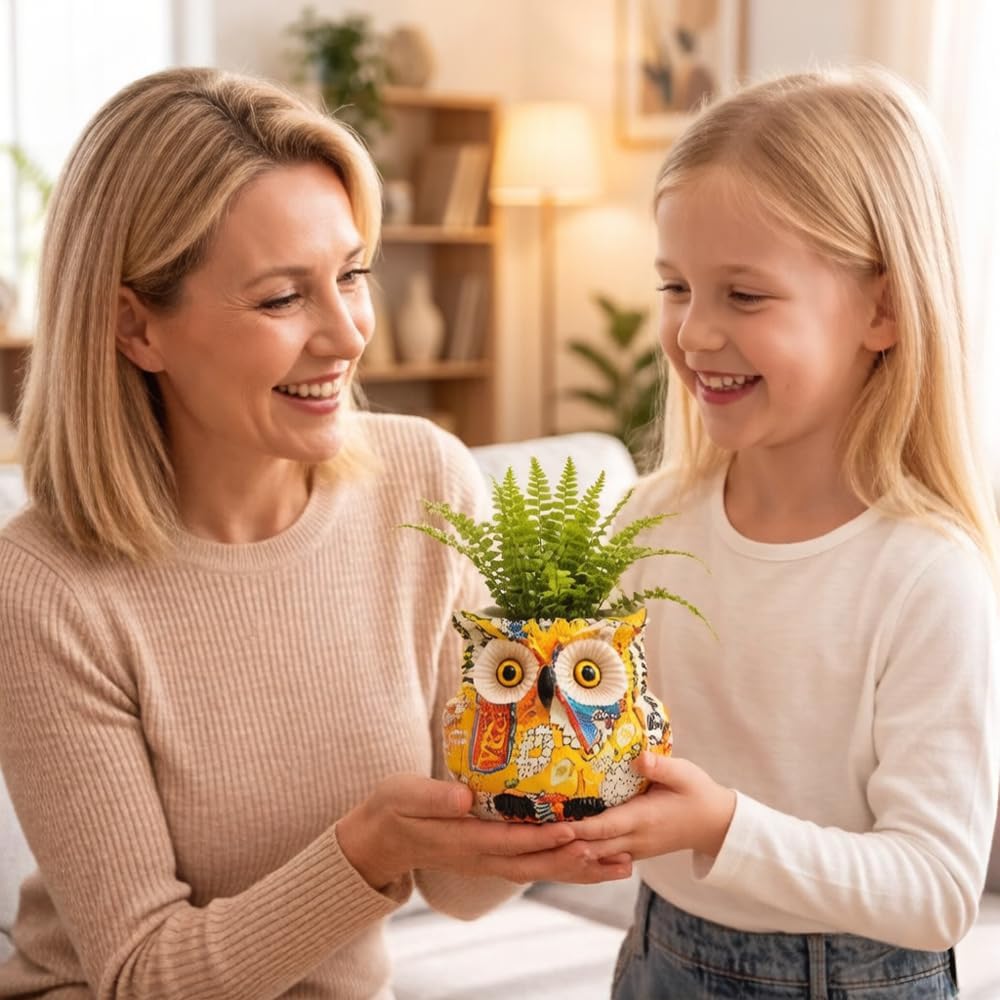 LovTocTic midcentury modern owl planter with a bird figurine, designed for succulents and small plants in stylish decor.