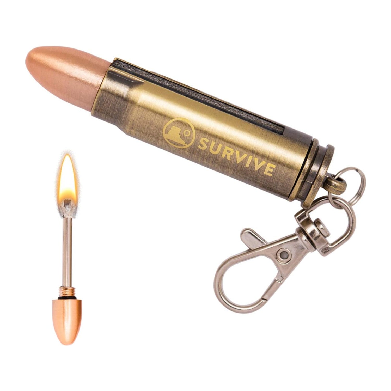 SURVIVE permanent match bullet metal keychain with quick clip, reusable survival fire starter and compact key holder.