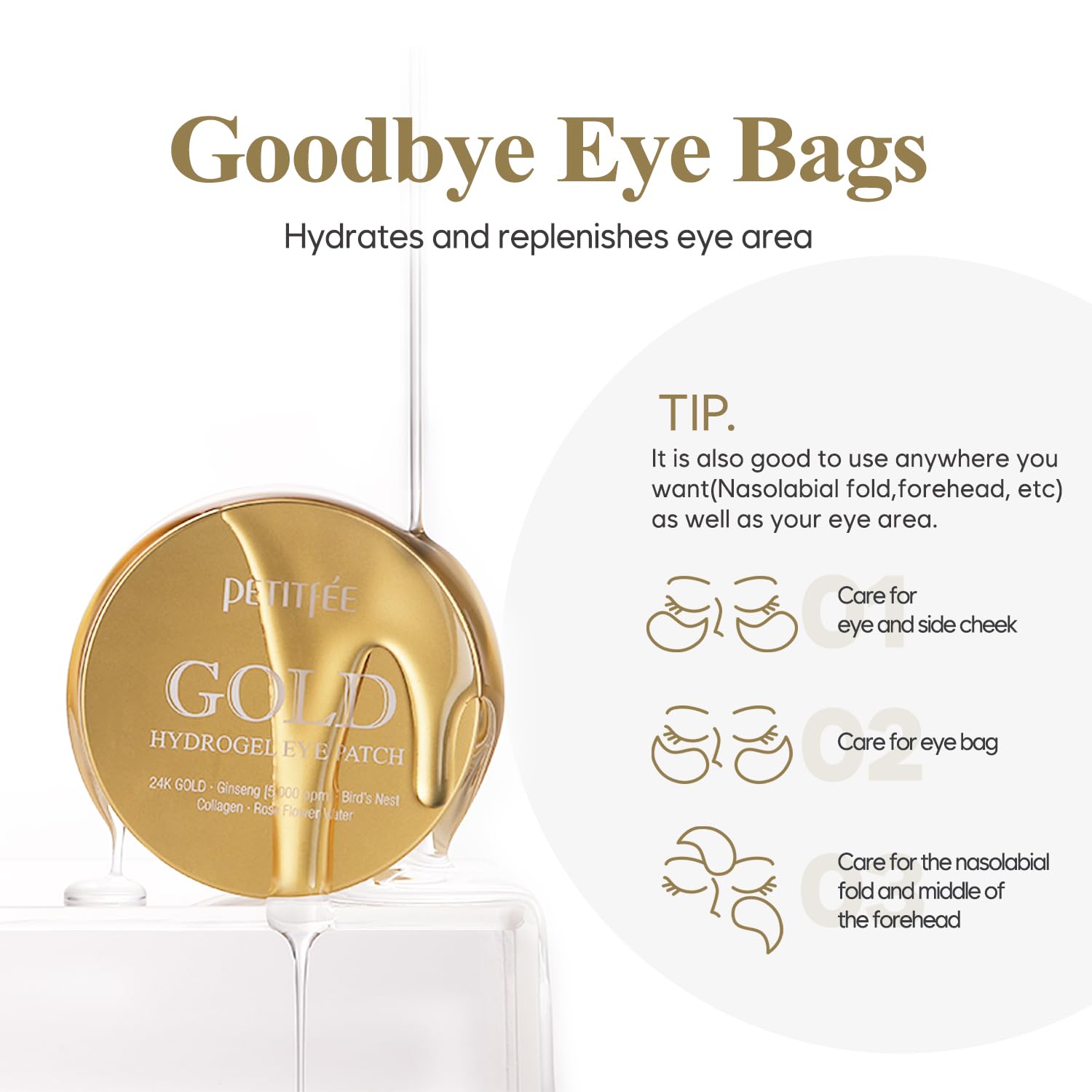 Petitfee Gold Hydrogel Eye Patch 60ea (30pairs) - 24k Gold Eye Mask for Moisturizing, Glowy Skin, Hydrating, Skin Elasticity, Youthful Complexion, Ginseng, Collagen - Petitfee Official Product View 9