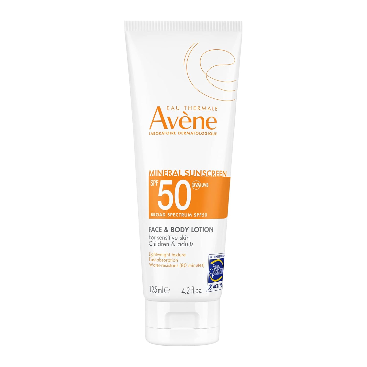 Avène Sheer Mineral Sunscreen SPF 50 face and body lotion in a 4.23 fl oz bottle, suitable for sun protection.