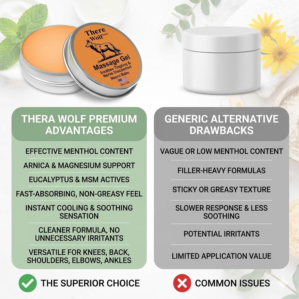 TheraWolf Pain Relief Balm herbal cooling cream in a jar, moisturizing skin and providing soothing relief for muscle discomfort.