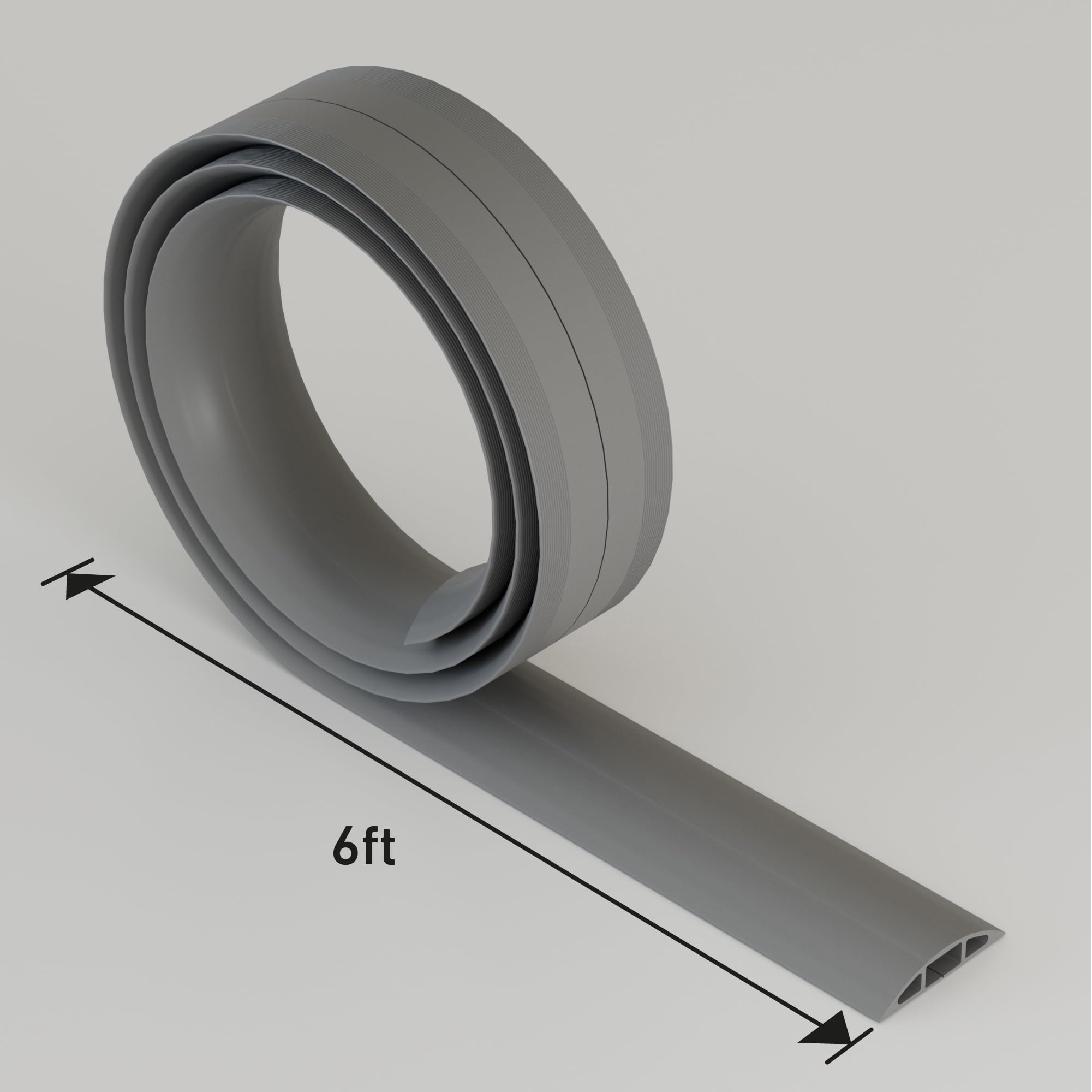 Gray D-Line cable protector with 1/2 inch height, 6 ft length, 2-3/8 inch width, PVC cord management cover on a flat surface.