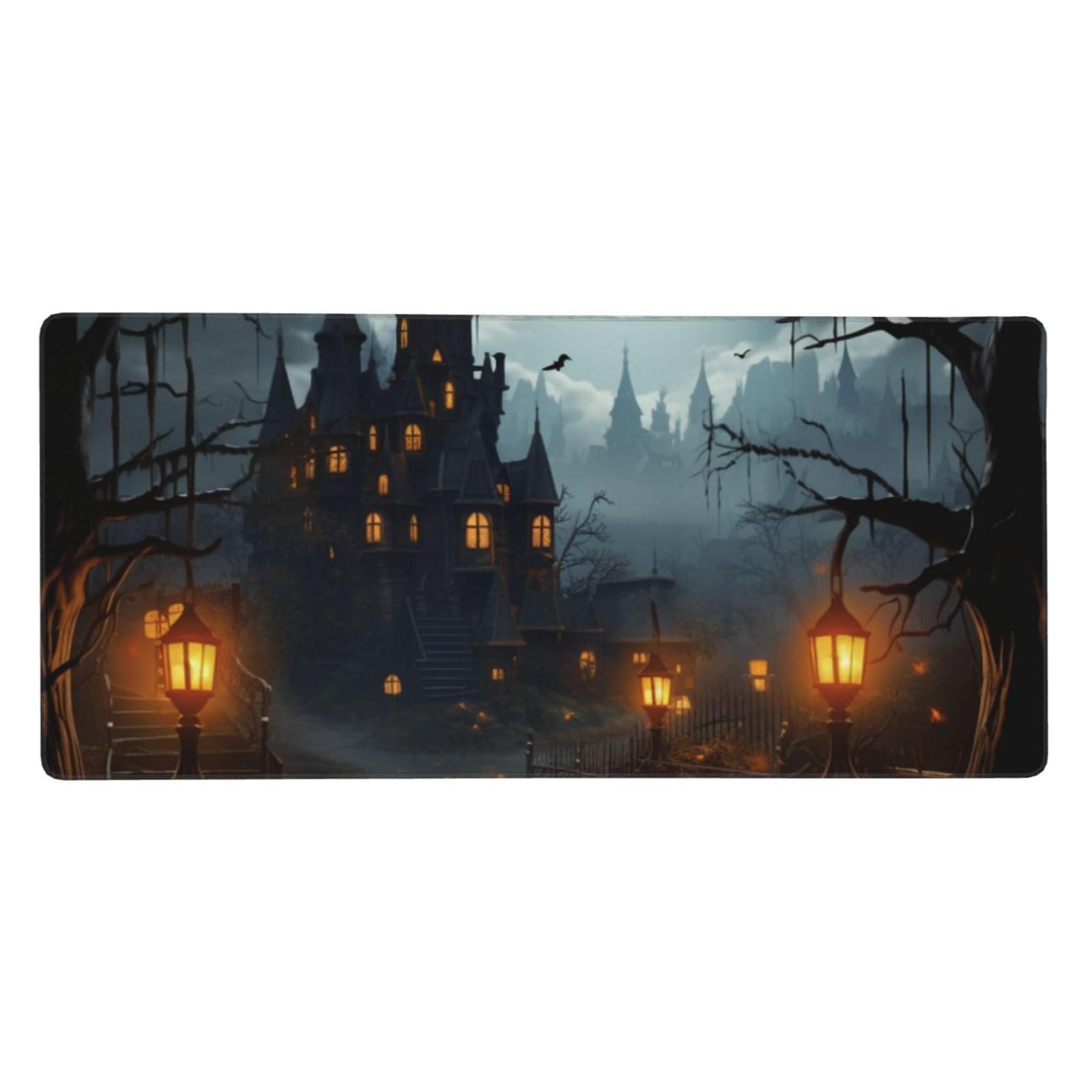 Large DDTKLSNV gaming desk pad with stitched edges, non-slip surface, extended size for keyboard and mouse in a gloomy castle theme.