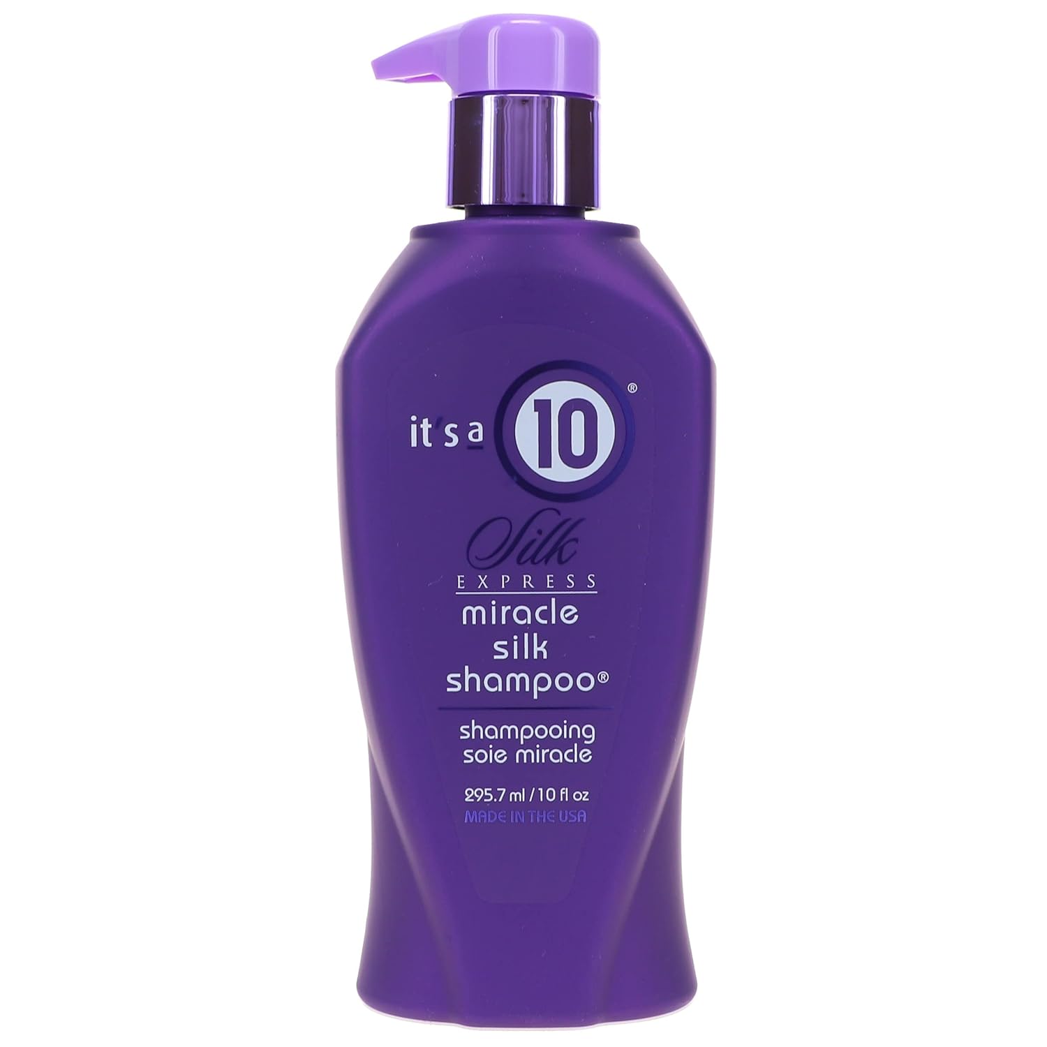 It's a 10 Haircare Silk Express Miracle Silk Shampoo and Conditioner bottles, featuring sleek packaging and product labels.