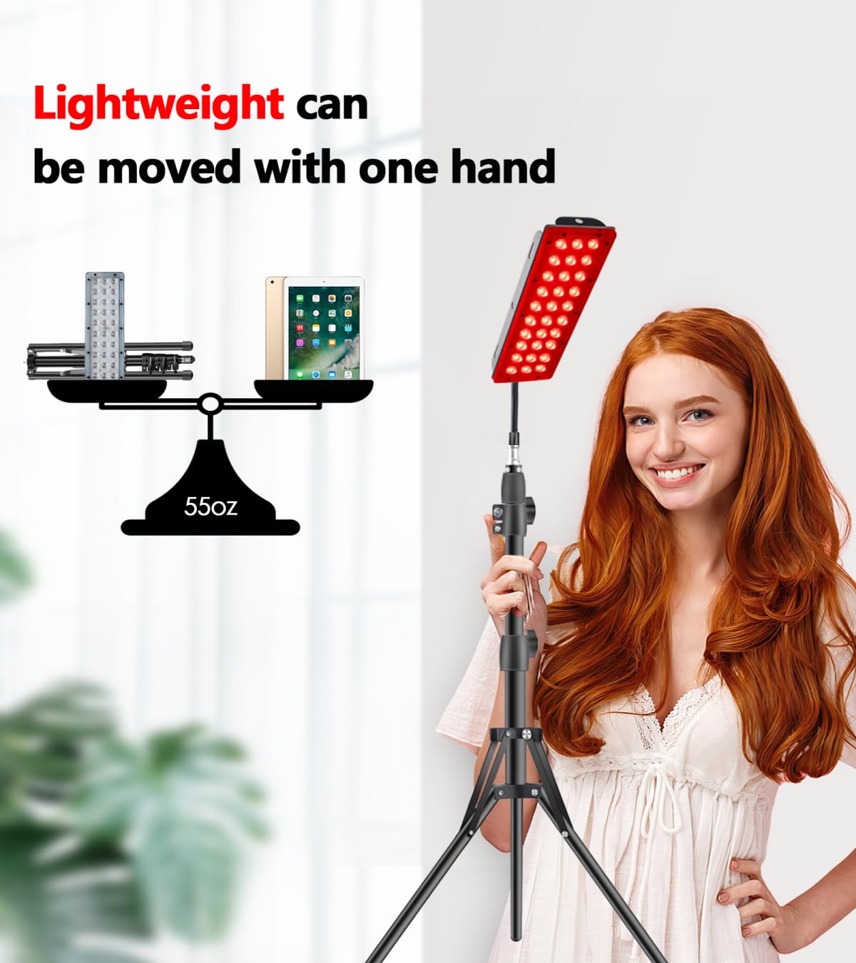 Astarexin red light therapy panel with stand showing 660nm and 850nm wavelengths for health and skin treatment.