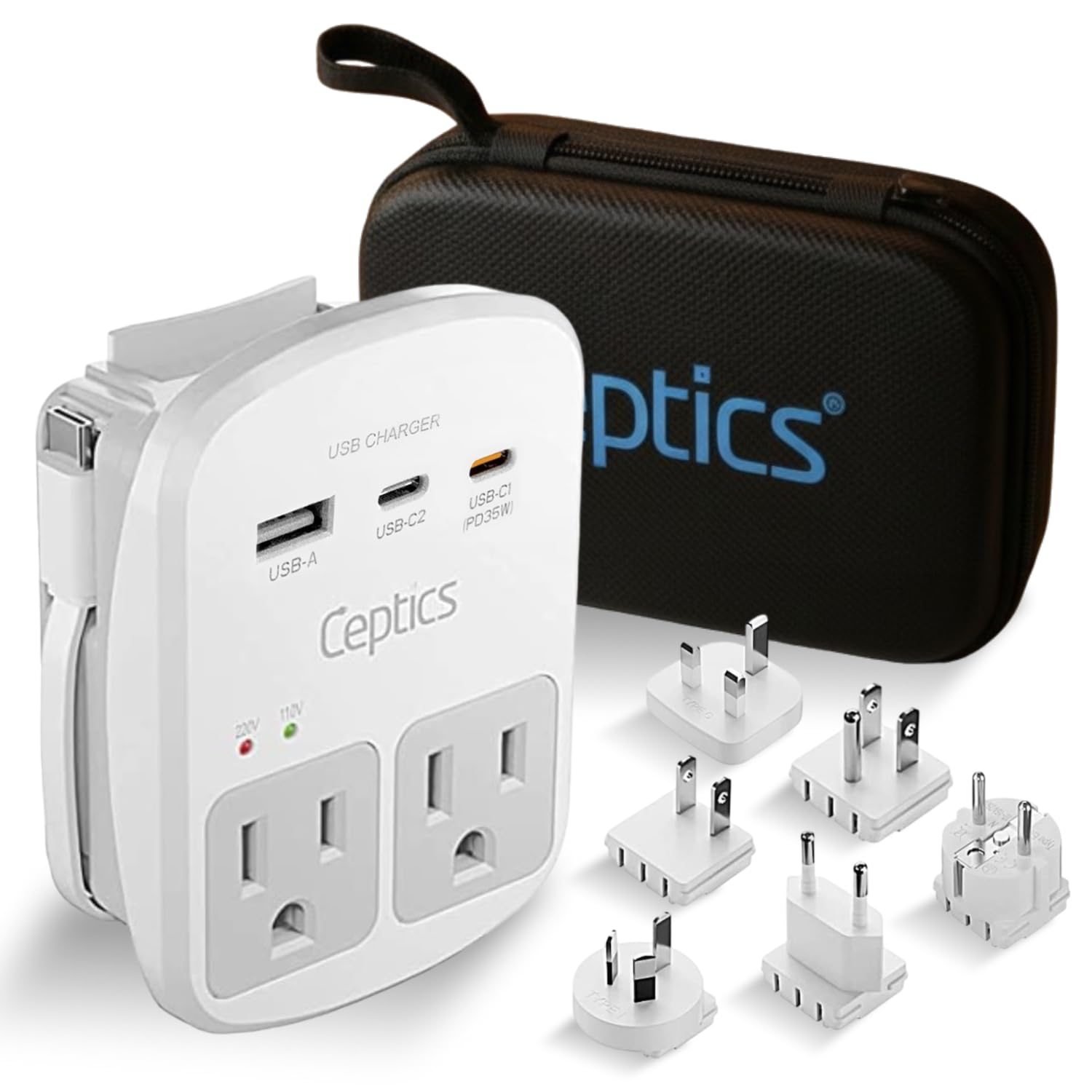 Ceptics 35W Universal Travel Adapter Kit – 2 USA sockets, USB-A, - Product Imagery
