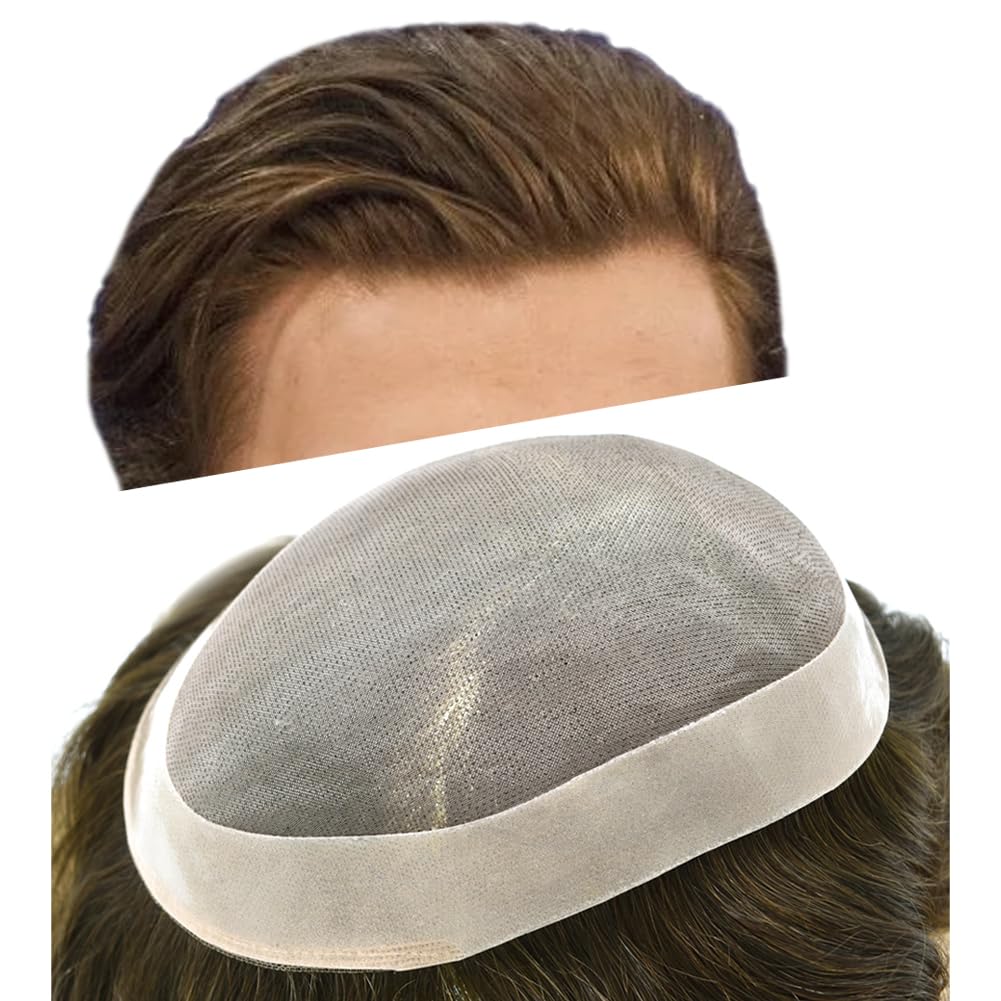 Curve Hair Mens Toupee Human Hair Piece Replacement System Monofilament Wig Hair Unit for Men Durable Poly Coated Mens Hairpiece (#620 Light Brown+20% Gray, 7"X10")