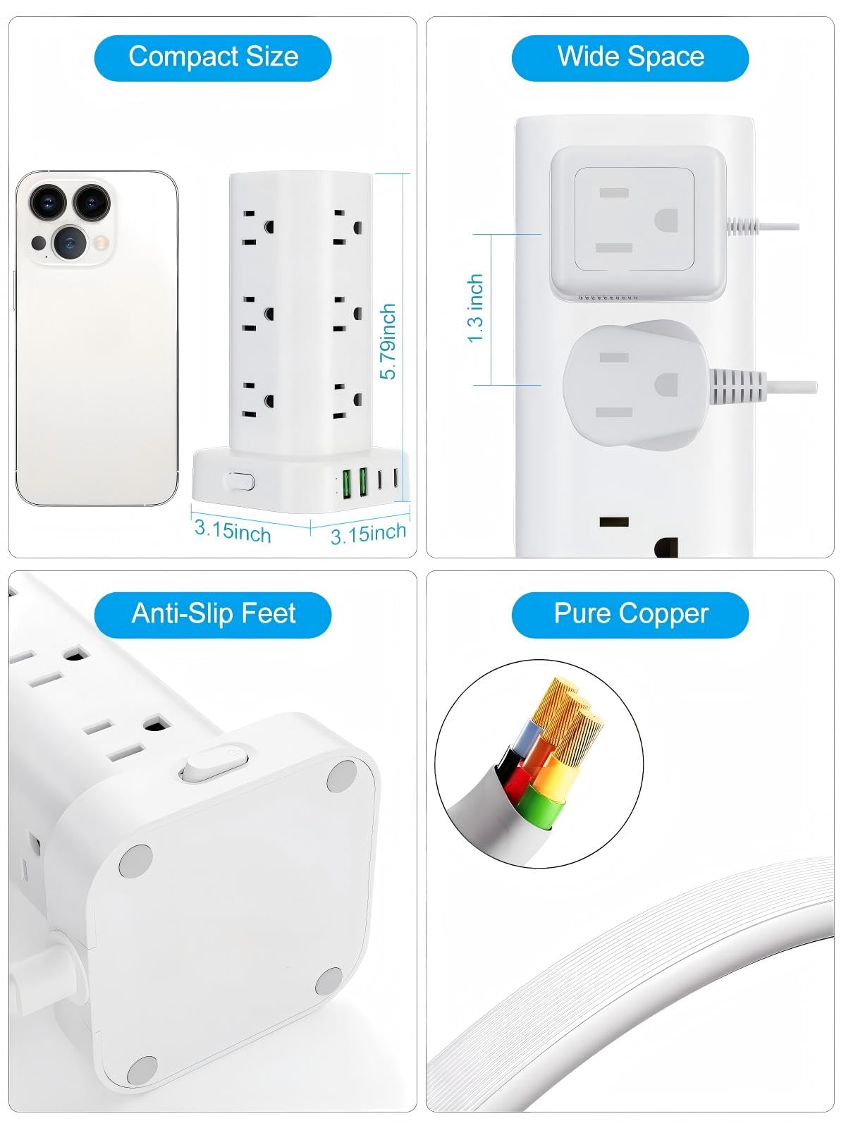 UWIWUTEI 6FT Power Strip Tower with Wireless Charger,Surge Protec - UWIWUTEI Official Product View 7