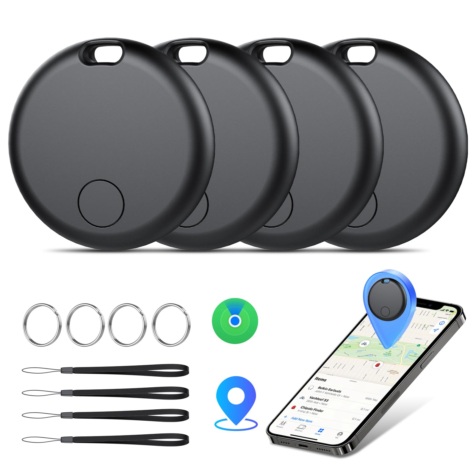 aowoka Air Tracker Tags 4-pack Bluetooth electronic finders for keys, luggage, and bags, compatible with Apple Find My app.