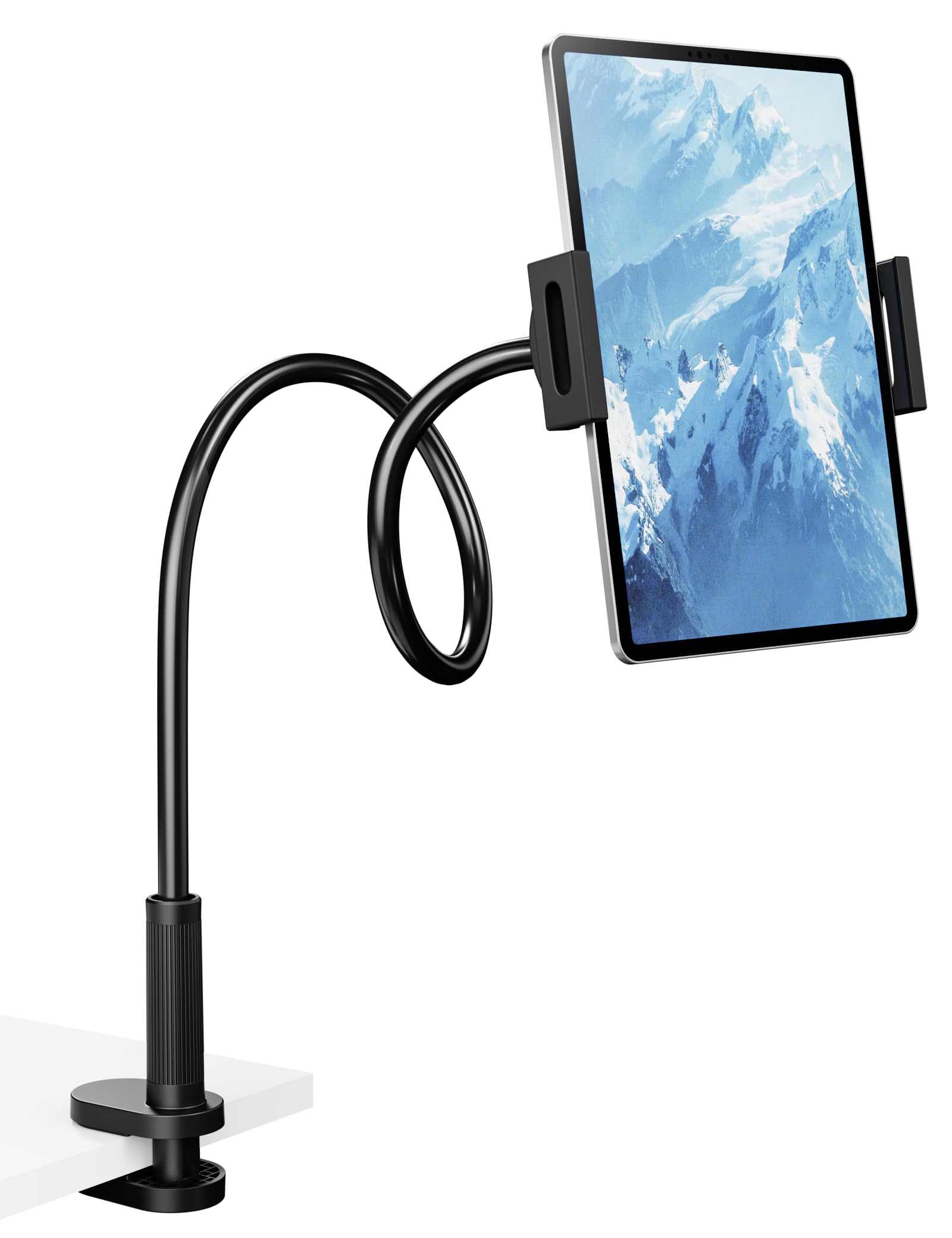 Klsniur flexible gooseneck tablet holder with adjustable mount, sturdy clamp, compatible with iPad, iPhone, Samsung Galaxy Tabs.