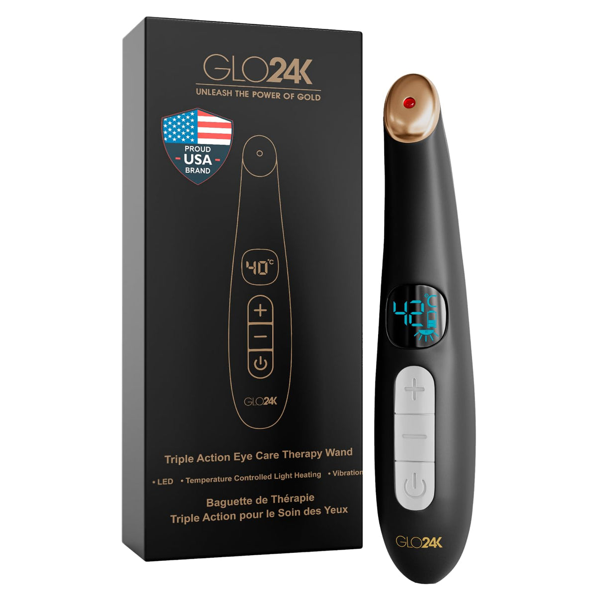 GLO24K Heated Eye Massager Wand with Vibration for Under Eye - GLO24K UNLEASH THE POWER OF GOLD Official Imagery - 1