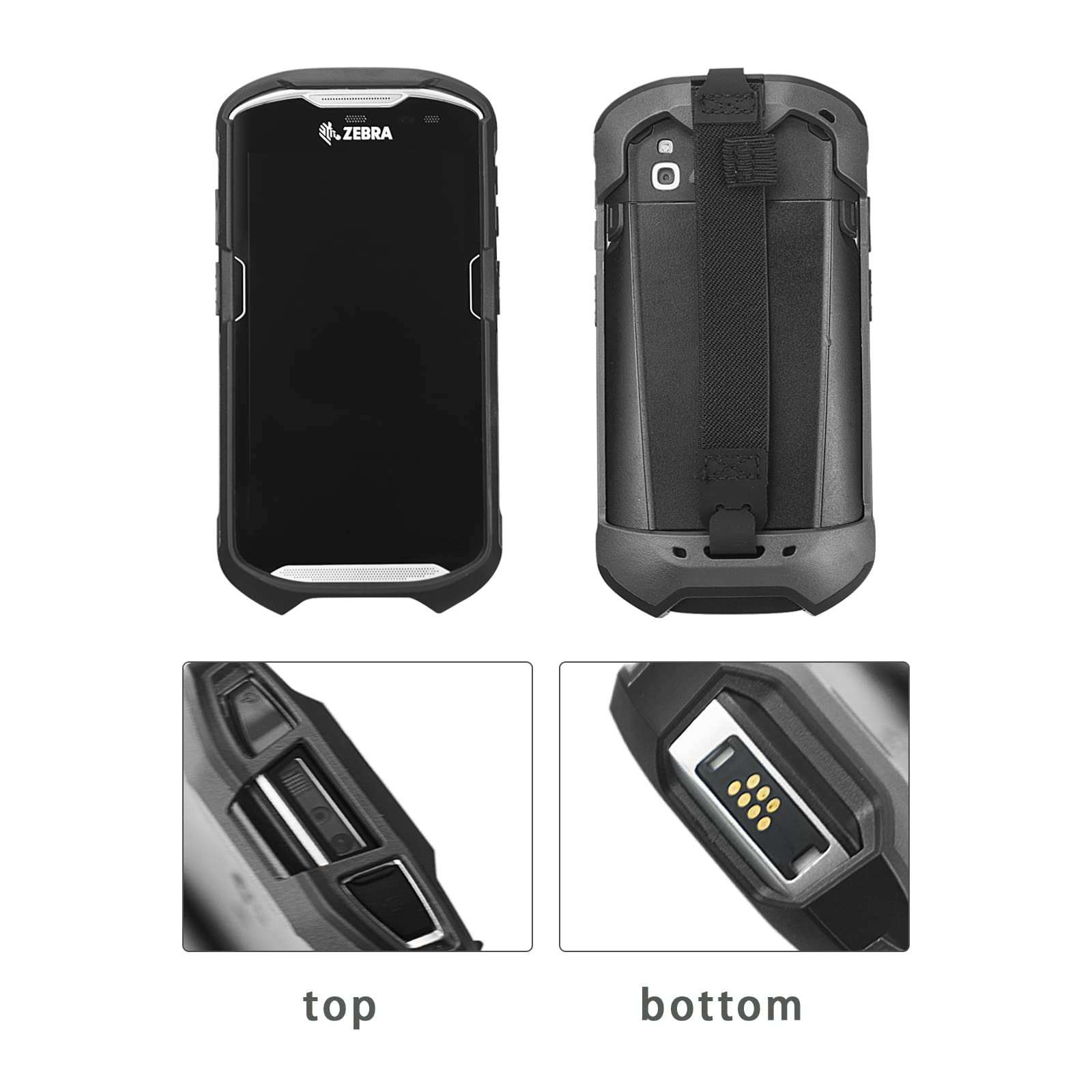 Black NAGRIS rugged bump cover with hand strap for Zebra TC51, TC52, TC56, TC57 barcode scanner, made of slim TPU material.