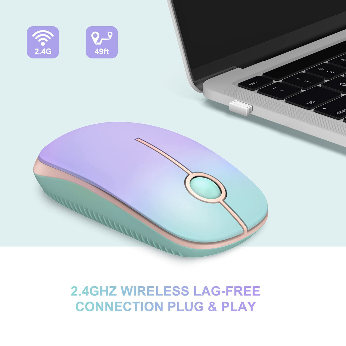 Unipows wireless computer mouse with slim design and nano receiver, suitable for portable use and smooth 2.4G connectivity.