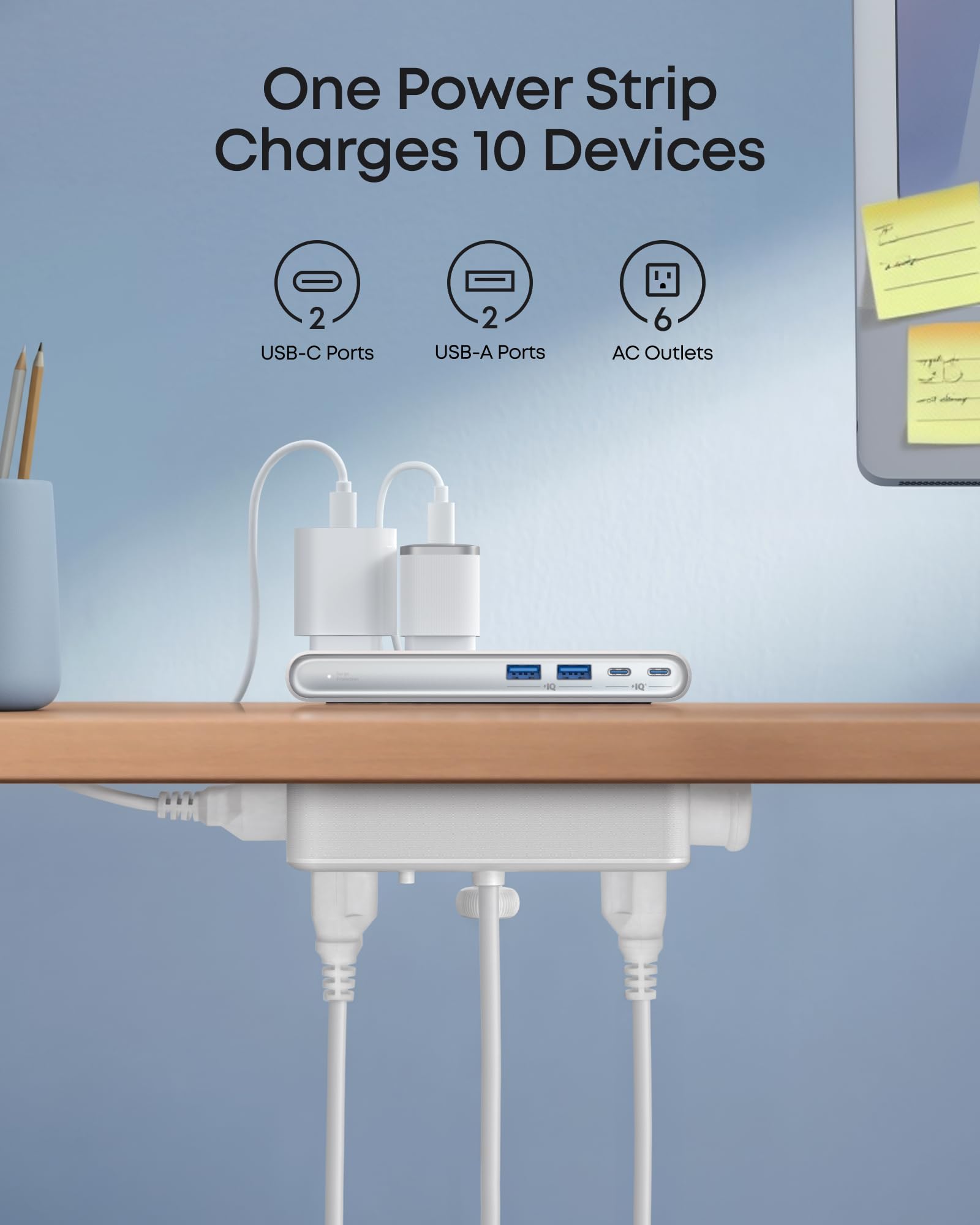 Anker Nano Power Strip with desk clamp, 70W max power, 1500J surge protector, and 2 USB-C ports on a desk surface.