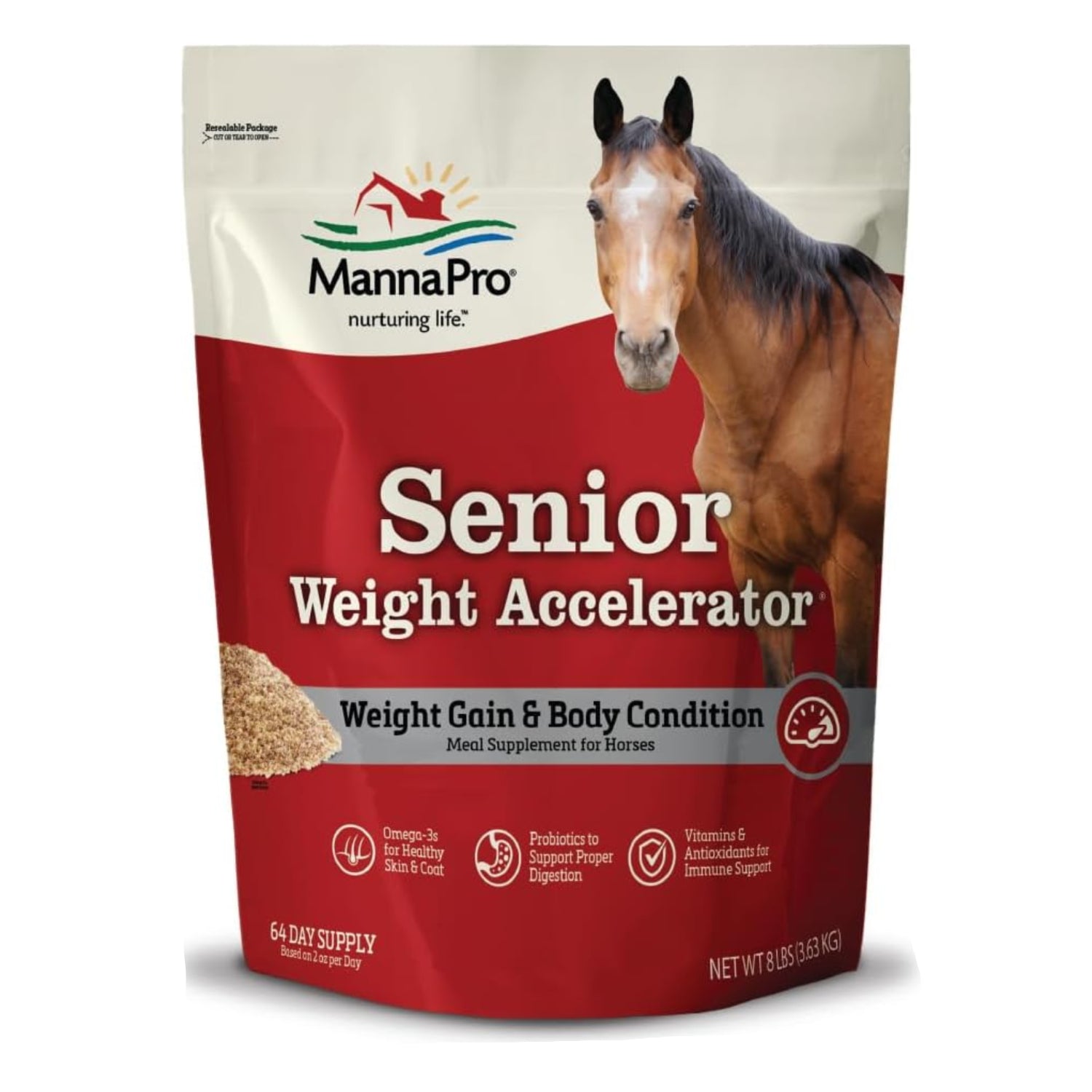 Manna Pro Weight Accelerator for senior horses, showing a container of supplement with a horse in a stable background.