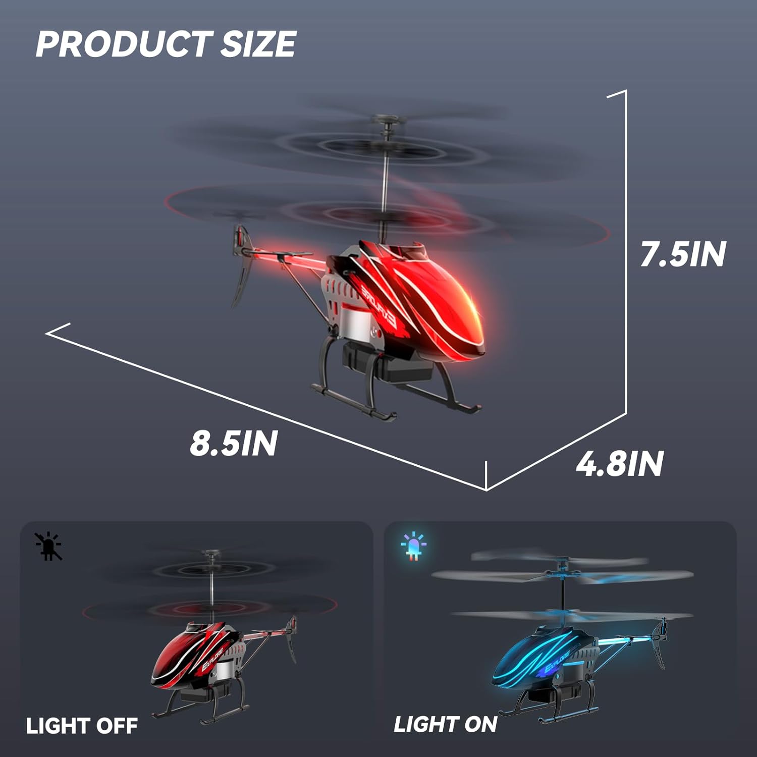 BUSSGO remote control helicopter for kids with colorful design, two batteries, and up to 30 minutes flight time.