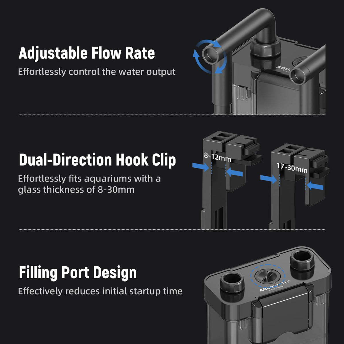 Hang on Back Aquarium Filter No Hum Whisper Quiet for 3 10 - AQUASMITH Official Imagery - 7