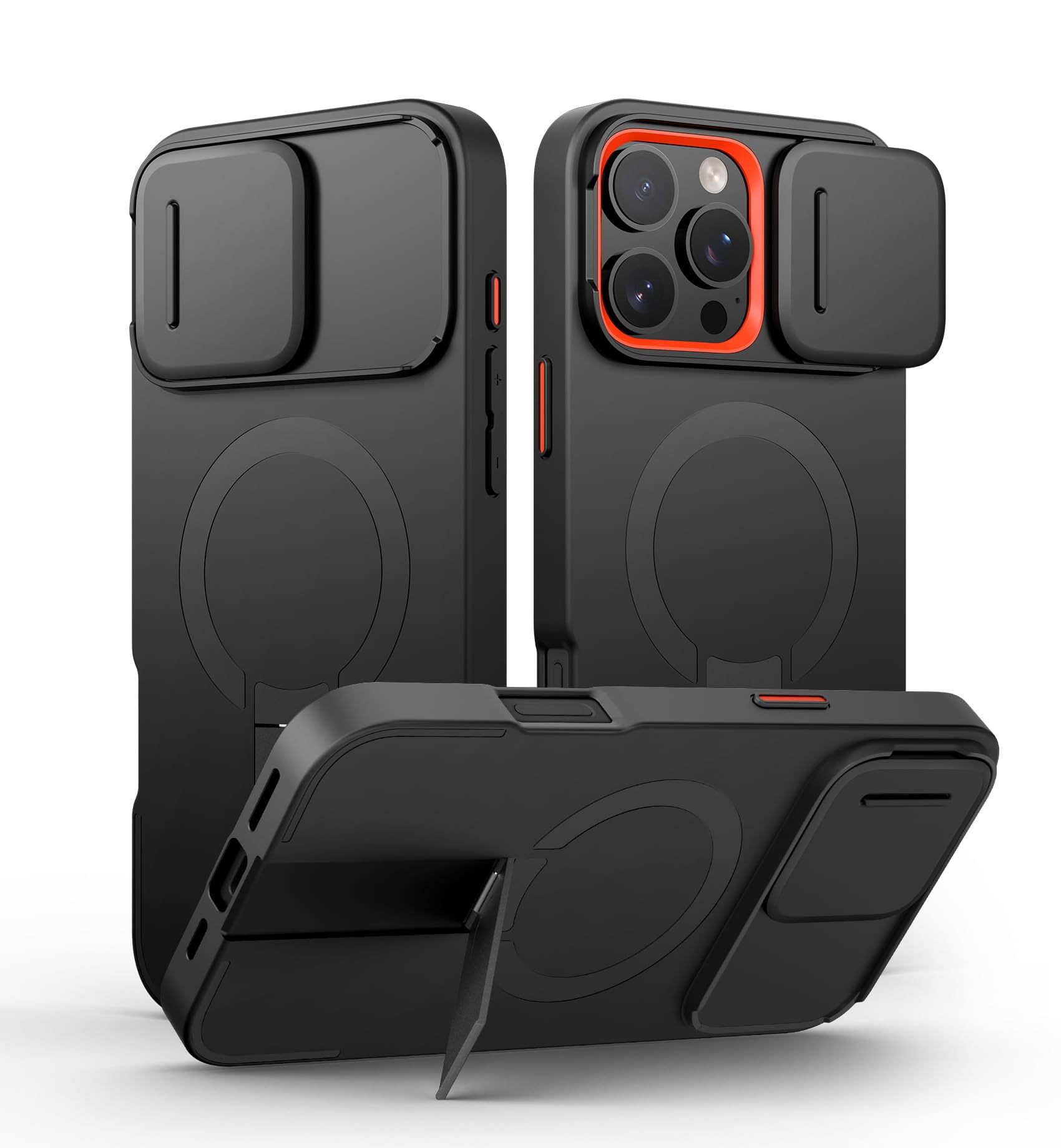Black SURITCH iPhone 16 Pro Max case with magnetic camera slide cover, adjustable kickstand, shockproof bumper, slim and protective.