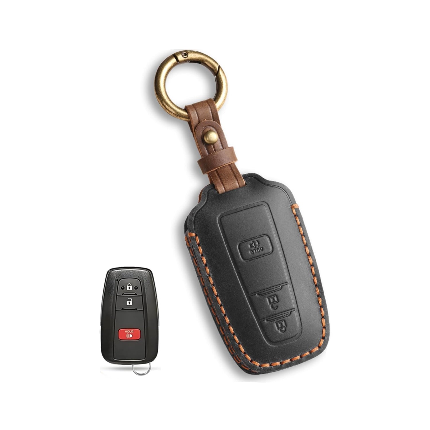Genuine leather Toyota 4Runner key fob cover by MILD EAST, showing a black protective key case with a textured finish.
