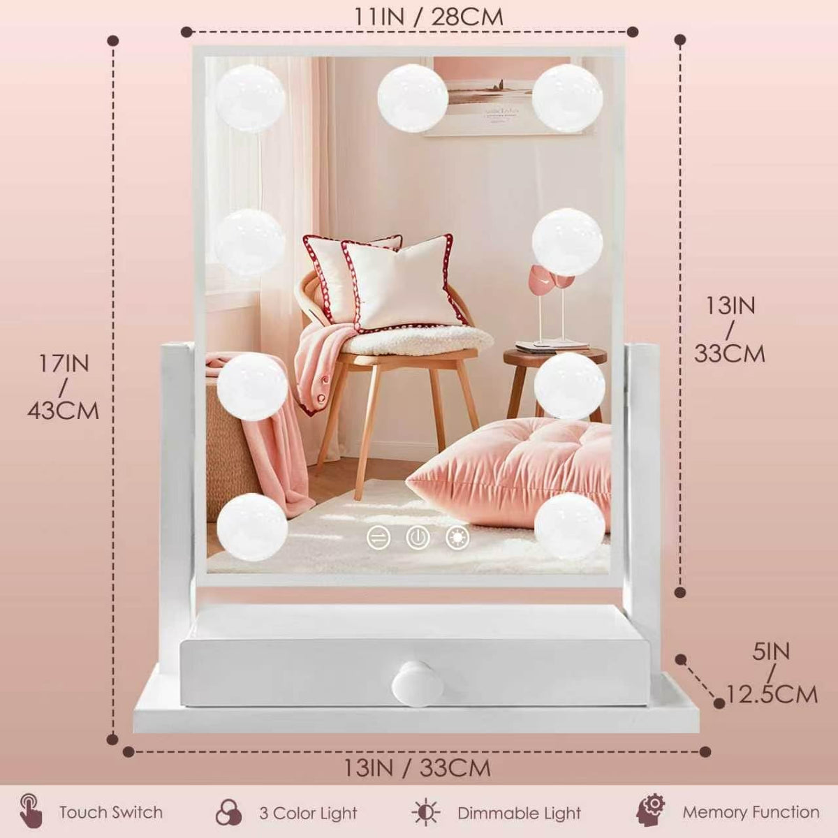 Makeup Mirror with Lights with Drawer Storage Type C and USB - COLMERD Official Imagery - 3