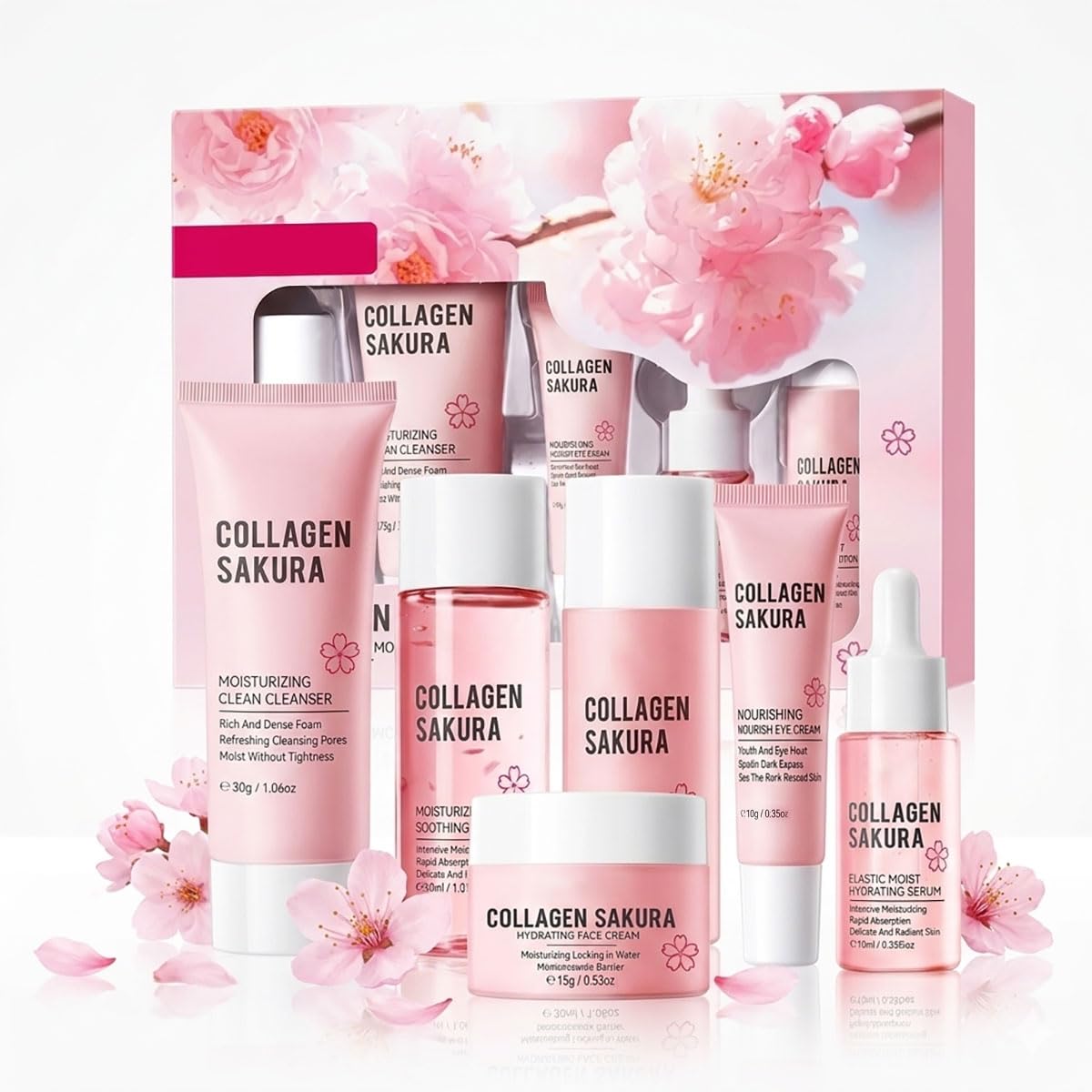 Collagen Sakura Skincare Travel Kit, 6-Piece Facial Care Set - Product Imagery
