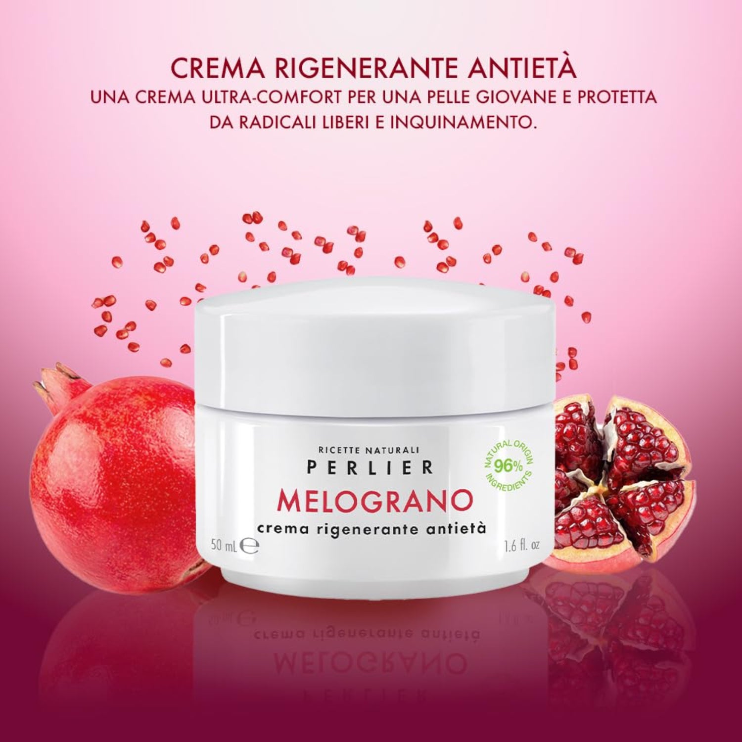 Perlier Pomegranate Revitalizing Anti-Aging Face Cream jar with green and red packaging, 1.6 fl oz