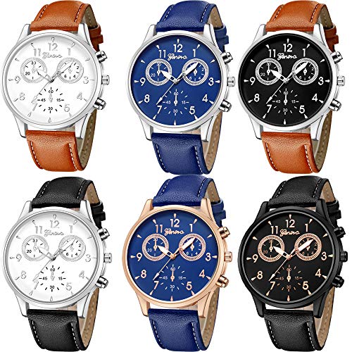 6 Pack Men's Leather Quartz Watch Geneva Casual Dress Wrist Band - Product Imagery