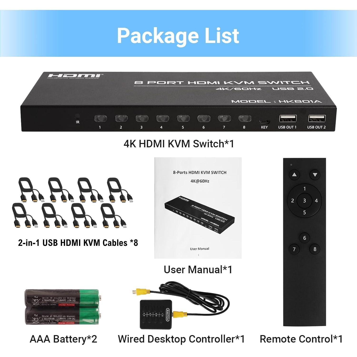 DGODRT 8 port HDMI KVM switch showing front panel with 8 HDMI input ports, remote control, and connected HDMI cables for 4K display.