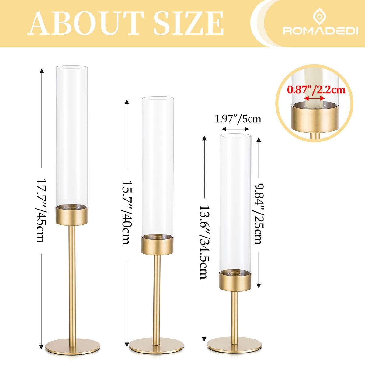 Romadedi Glass Hurricane Candle Holders for Candlestick Gold - Romadedi Official Imagery - 4