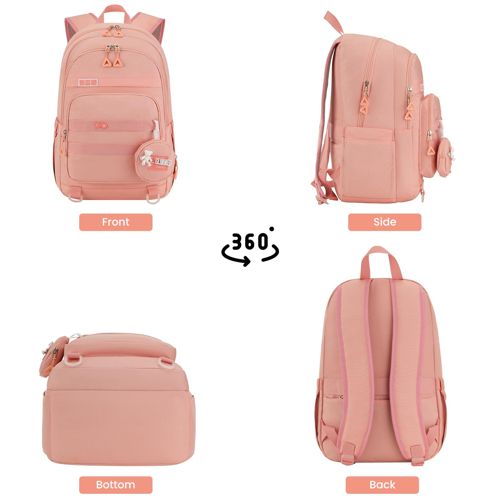 Pink YAMTION backpack for teen girls with laptop compartment, casual school and travel bookbag for middle high school and college.