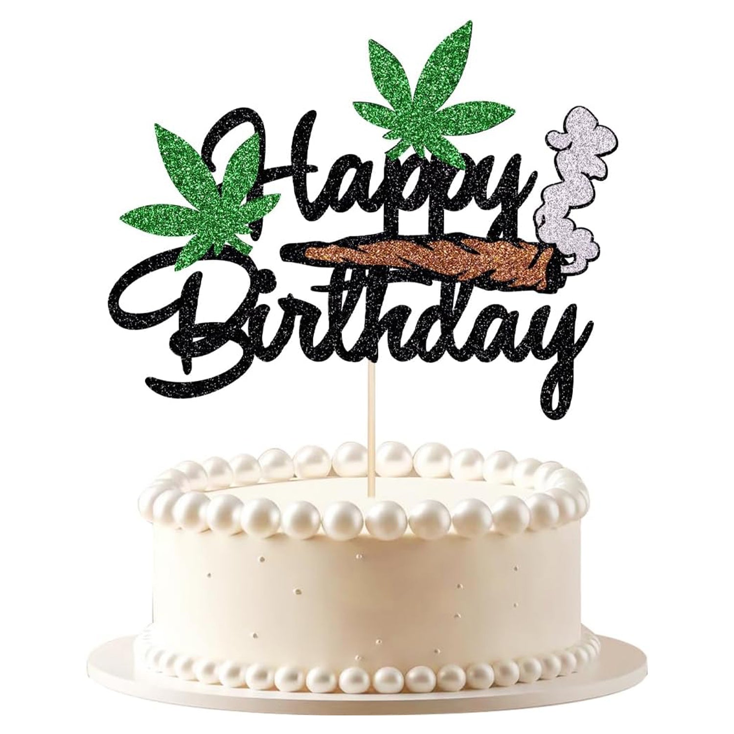 Happy Birthday Cake Topper - Black Glitter Weed Leaf Cake Decoration