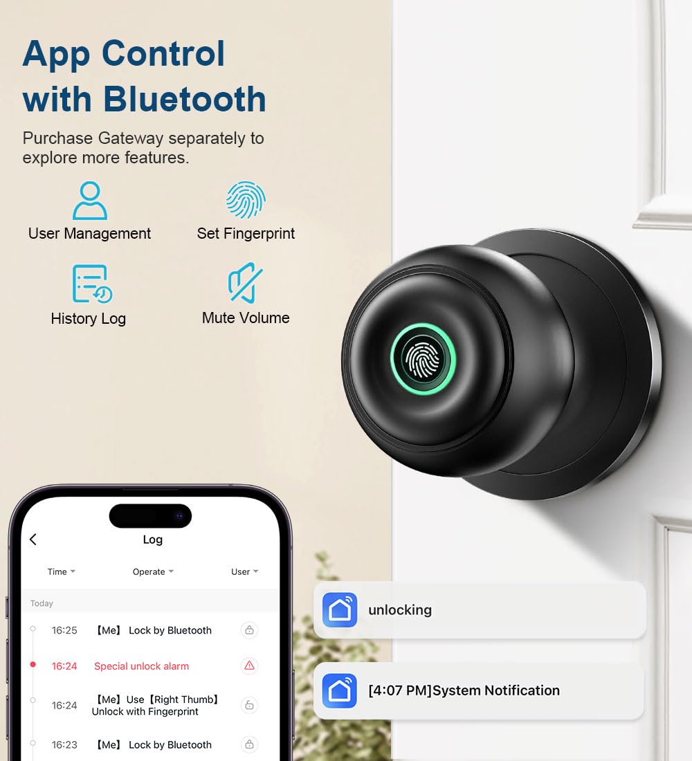 KLLOQUE Fingerprint Door Lock, Smart Fingerprint Door Knob with Lock, Matte Blac - KLLOQUE Official Product View 6