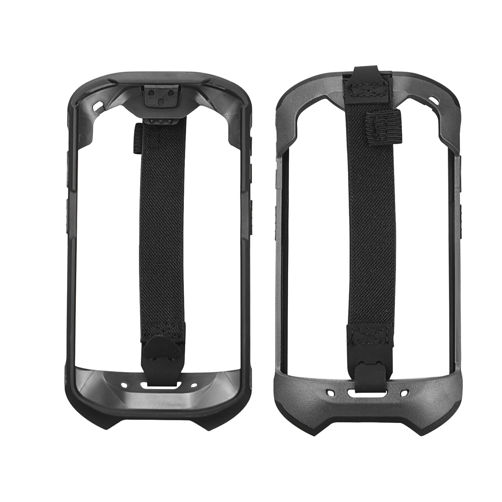 Black rugged TPU bumper case with hand strap for Zebra TC51, TC52, TC57 mobile scanner, providing protection and easy handling.