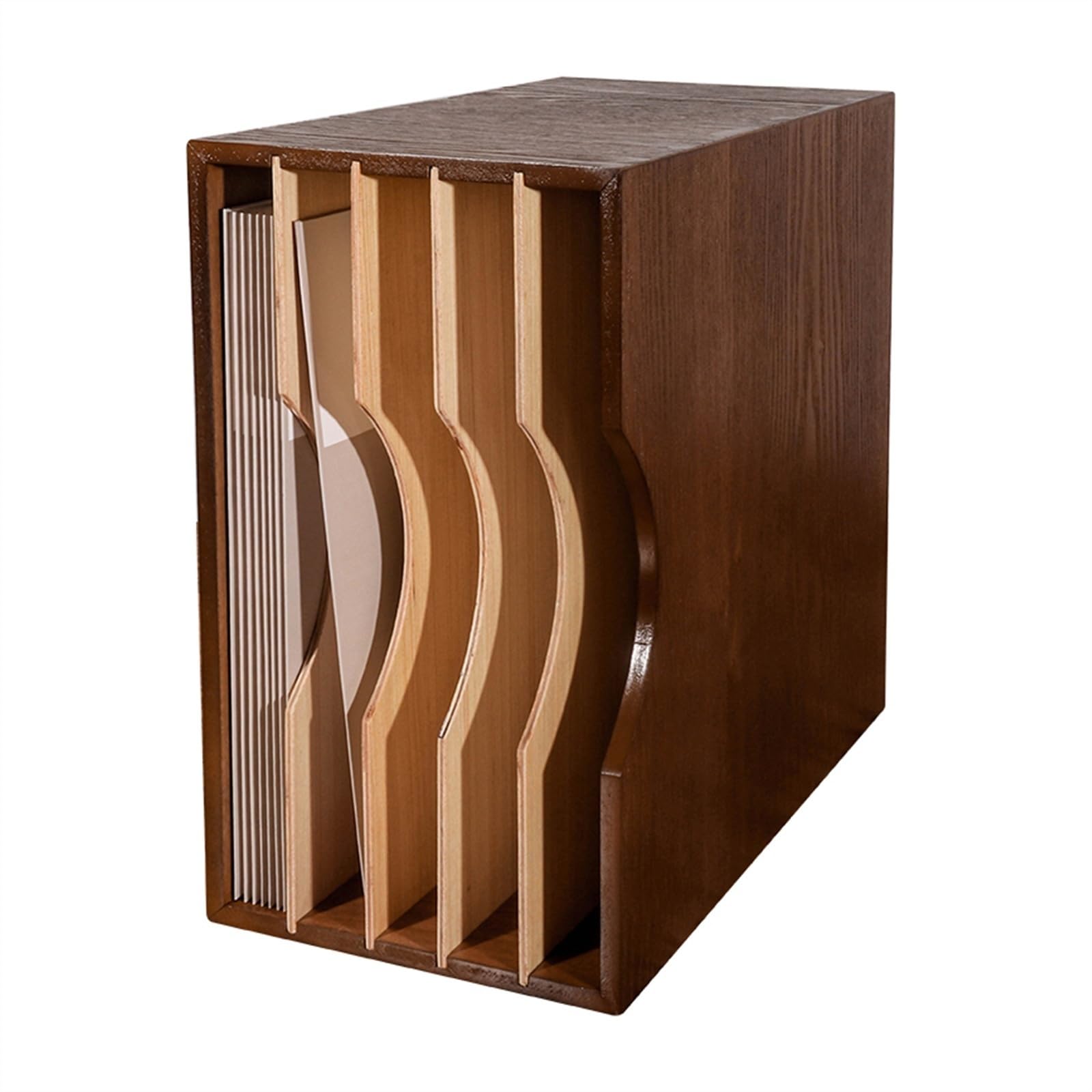 LICONG 2019 vinyl record storage rack with removable partition, holds up to 40 records, tabletop oak CD and vinyl record box case