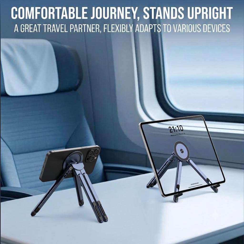 GENTERUN 3-in-1 portable laptop stand with magnetic phone holder, adjustable aluminum riser for MacBook and iPhones on desk.