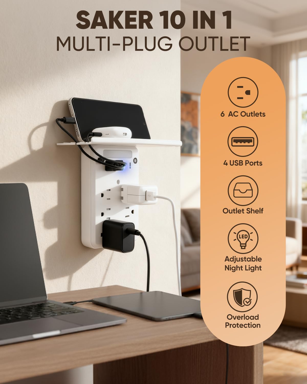Saker Outlet Extender with Night Light 6 AC 4 USB Surge - Saker Official Imagery - 3