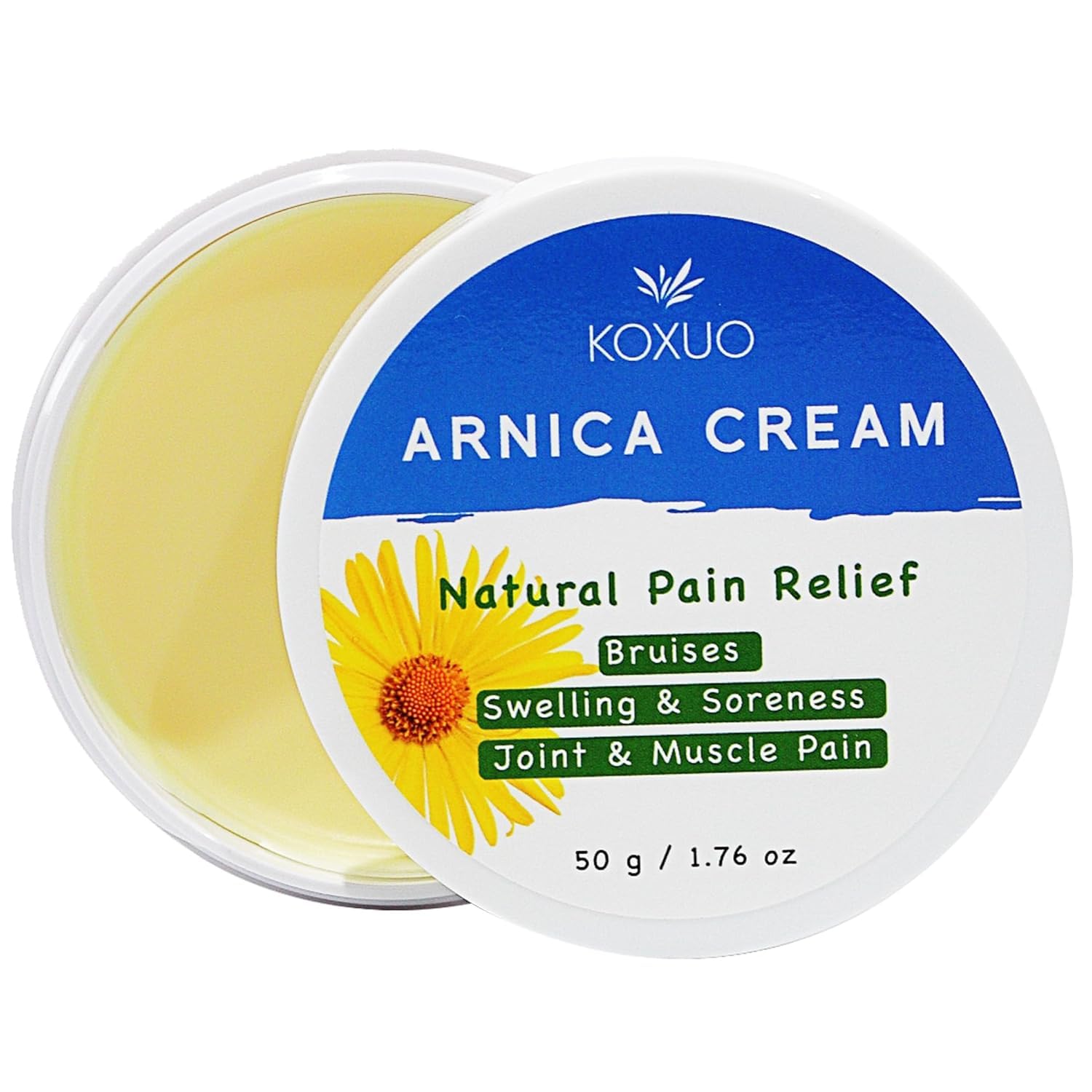 KOXUO Arnica Cream botanical body moisturizer in 50g jar, soothing skincare product with natural ingredients and floral design.