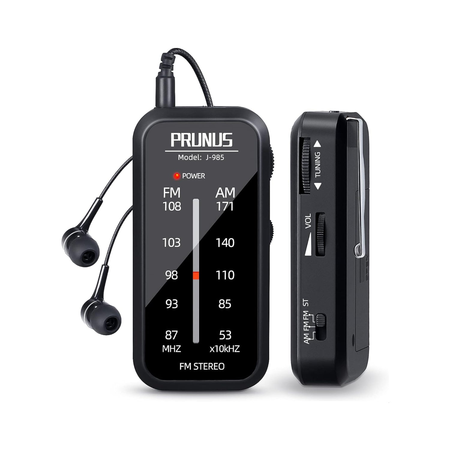 Portable PRUNUS pocket radio with AM/FM stereo tuning and battery operation, compact mini radio for on-the-go listening.