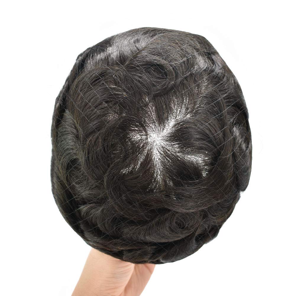 Curve Hair Mens Toupee Human Hair Piece Replacement System Monofilament Wig Hair Unit for Men Durable Poly Coated Mens Hairpiece (#1 Jet Black, 5"X7")