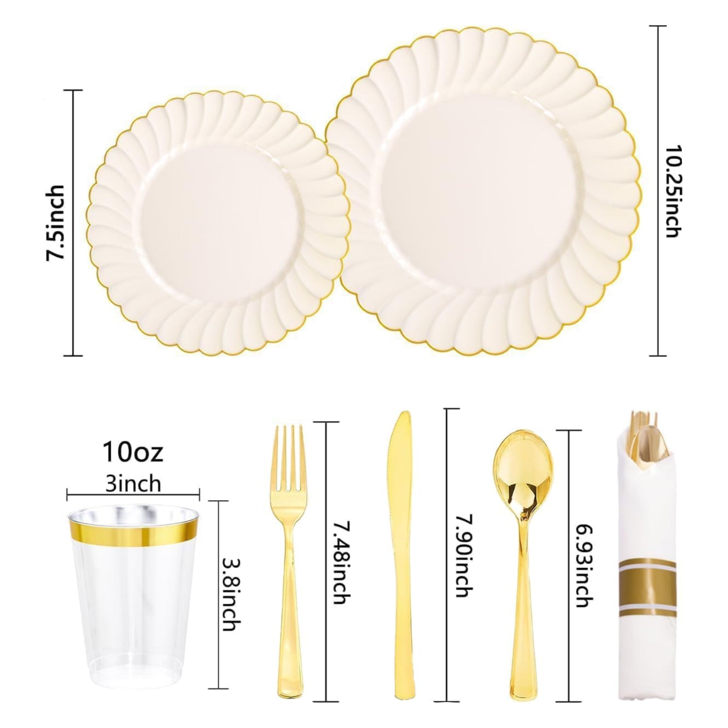 Set of 350 ivory scalloped plastic plates with gold accents by YOUBET, perfect for elegant disposable tableware.