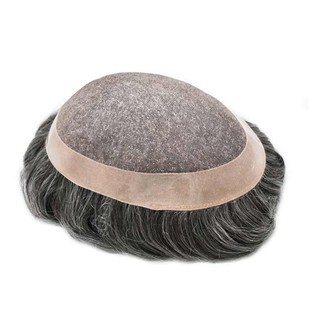 Curve Hair Mens Toupee Human Hair Piece Replacement System Monofilament Wig Hair Unit for Men Durable Poly Coated Mens Hairpiece (#1B50 Off Black+50% Gray, 6"X8")