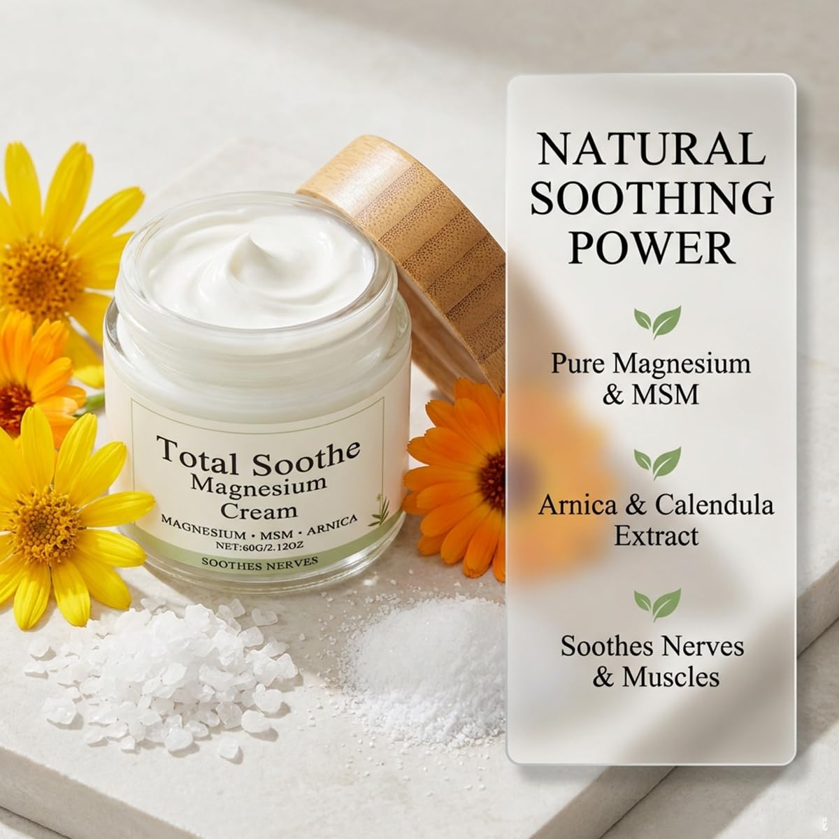 Total Relief Magnesium cream with MSM and arnica in a 2-pack, mineral supplement for muscle relief and soothing skin care.