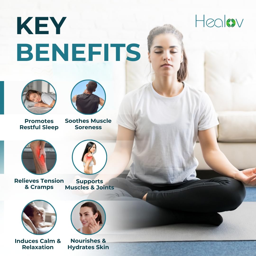 Healov Magnesium Lotion for sleep, muscle, and leg relief, featuring mineral supplement in a white pump bottle with a blue label.