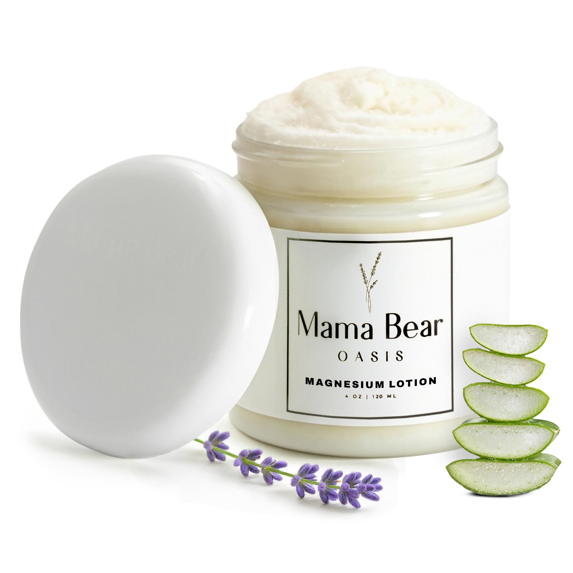 Mama Bear Oasis magnesium cream with arnica and lavender for soothing skin moisturizer, shown in a white tube.