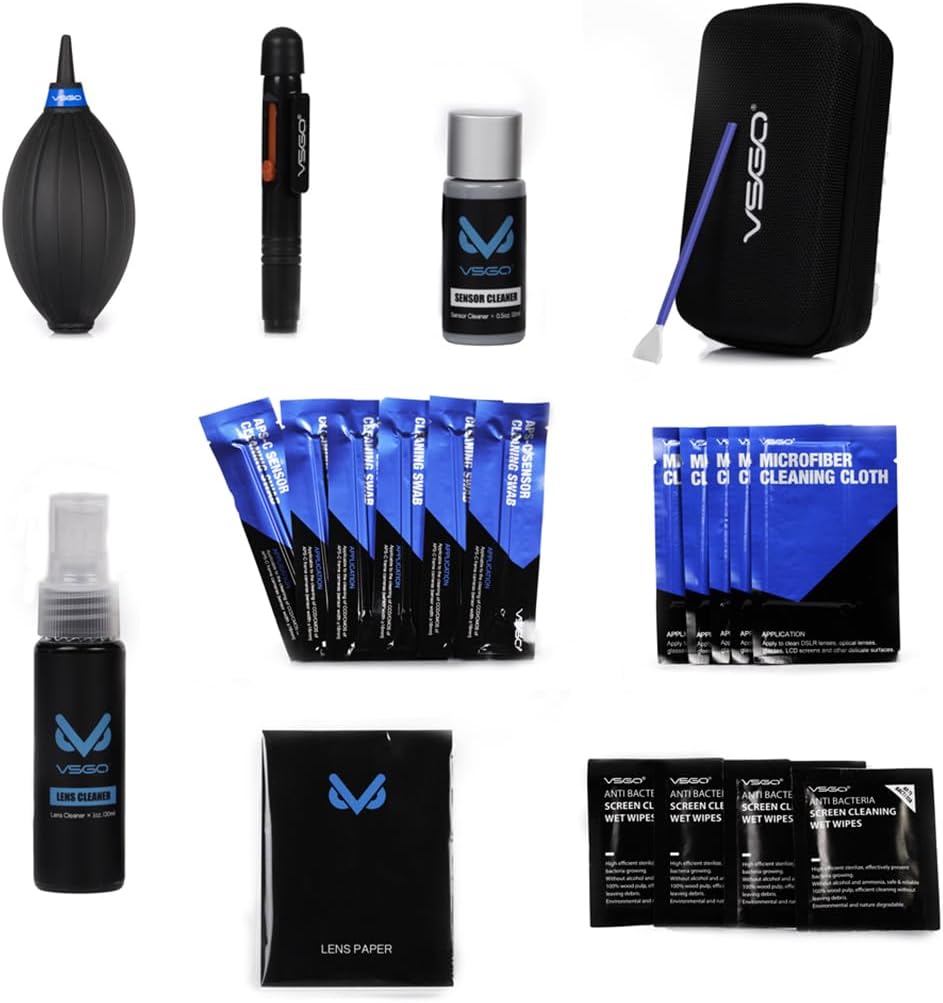 VSGO all-in-one camera cleaning kit for APS-C sensor cameras, compatible with Canon, Nikon, Sony, with cleaning tools and solutions.