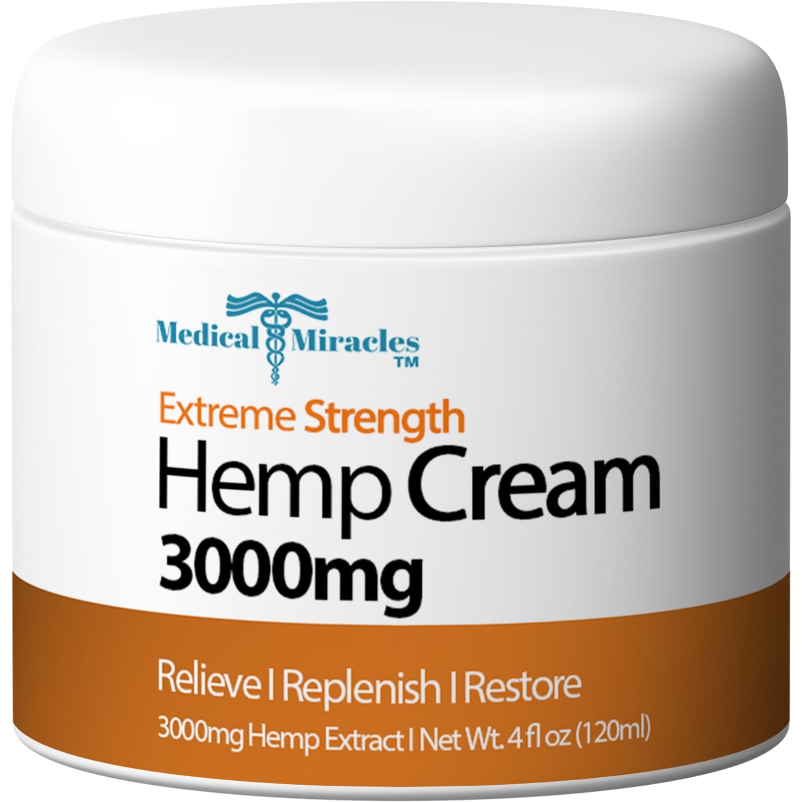 Medical Miracles Hemp Relief Cream 3000mg in a 4oz jar, health and personal care product with a white and green label