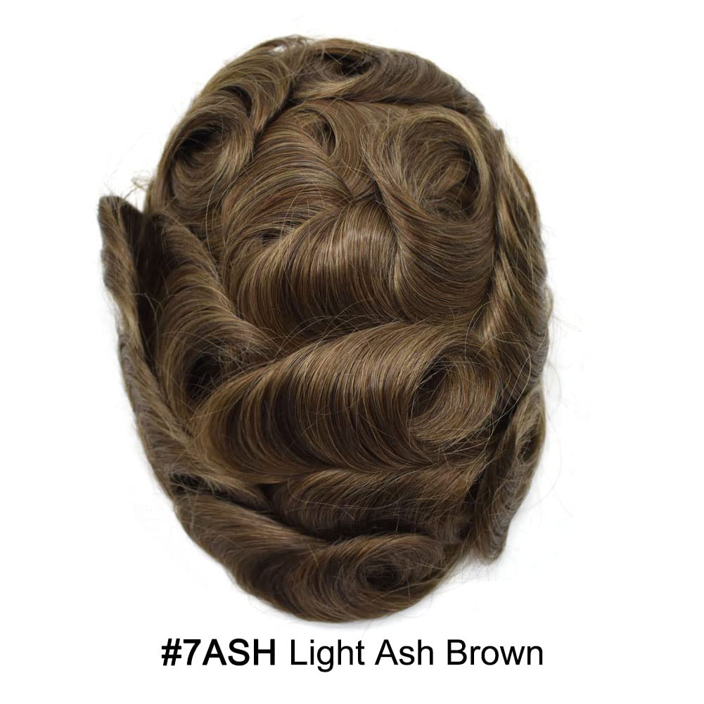 Curve Hair Mens Toupee Human Hair Piece Replacement System Monofilament Wig Hair Unit for Men Durable Poly Coated Mens Hairpiece (#7ASH Light Ash Brown, 6"X8")