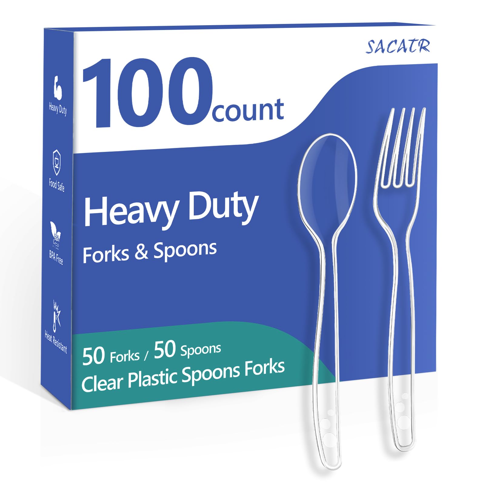 SACATR 100 Count Clear Plastic Silverware Heavy Duty -50 Forks, - Product Imagery