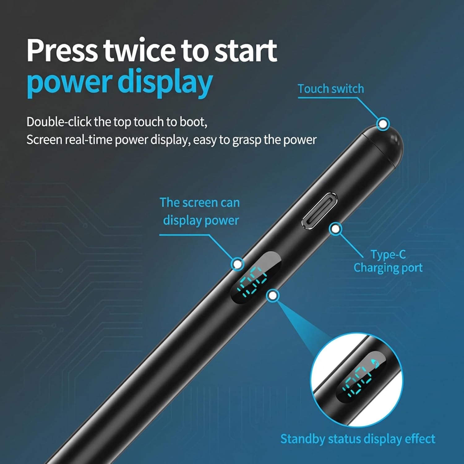 JEDOUBAL stylus pen for iPad and tablets with LED power display, dual OS active pencil, black ergonomic design